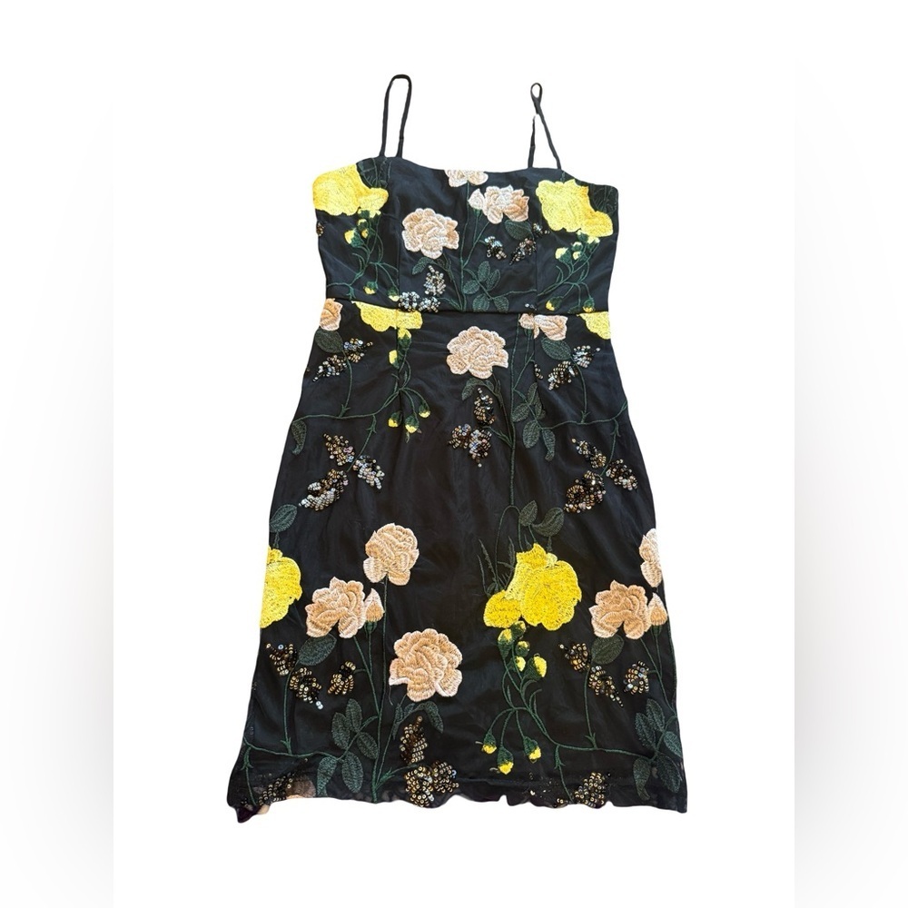 Lulus Black Floral Embroidered Mini Dress Small Sheer Overlay Strappy Cocktail - Picture 12 of 14